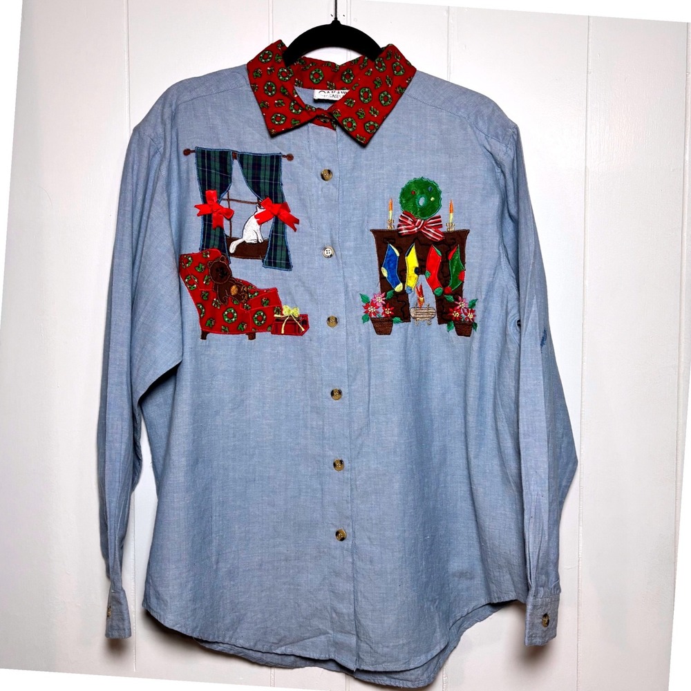 Vintage Y2K‎ Light Blue Button Up Long Sleeve Christmas White Cat Shirt Sz Large
